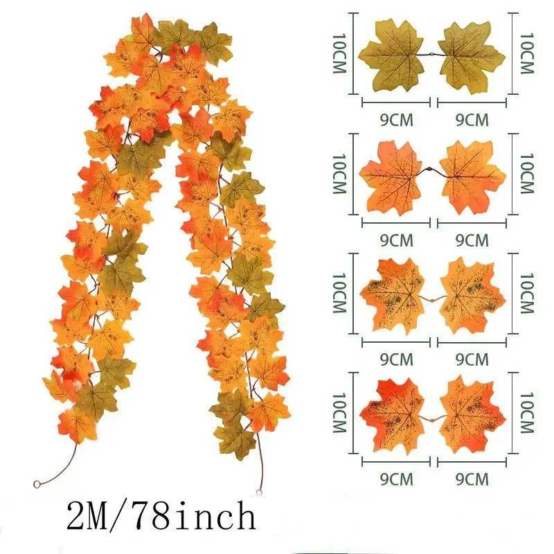 2M Artificial Fall Maple Leaf Garland Fake Plants Autumn Decor Leaves Vine for Thanksgiving Halloween Festivals Wedding Decora