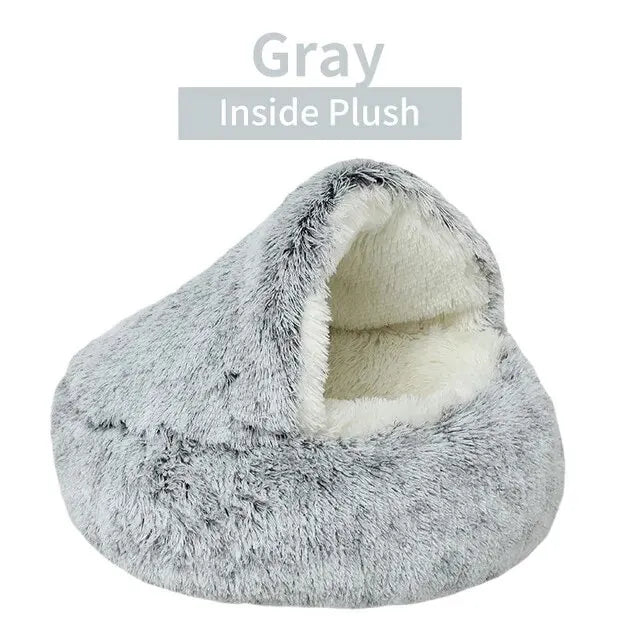 2-in-1 Pet Sleeping Bed – Plush Hooded Cave for Cats and Small Dogs