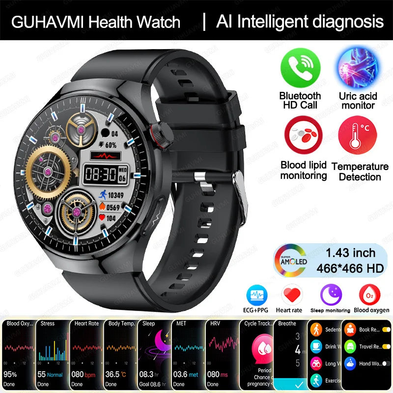 2025 New Nursing Grade Smart Watch Blood oxygen Blood Lipid Uric Acid ECG+PPG Body Temperature Bluetooth Call Health Smartwatch