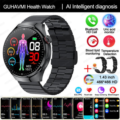 2025 New Nursing Grade Smart Watch Blood oxygen Blood Lipid Uric Acid ECG+PPG Body Temperature Bluetooth Call Health Smartwatch