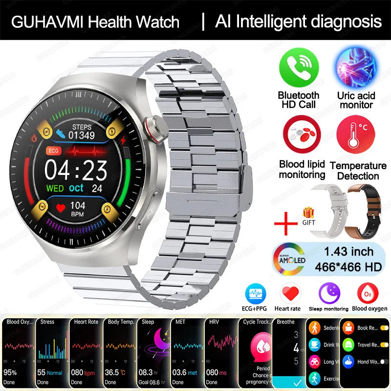 2025 New Nursing Grade Smart Watch Blood oxygen Blood Lipid Uric Acid ECG+PPG Body Temperature Bluetooth Call Health Smartwatch