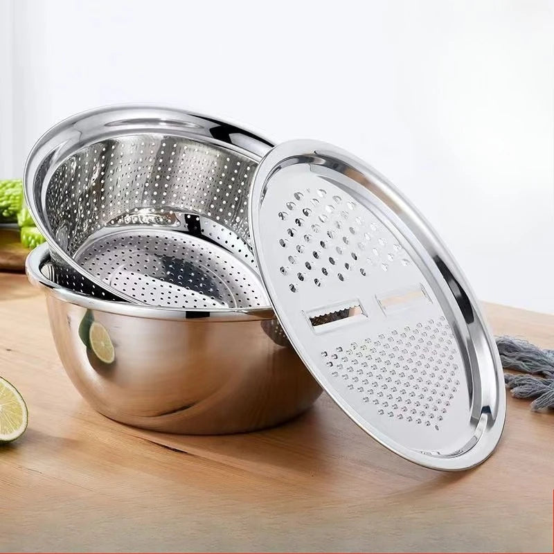 3PCS/1Set Vegetable Slicer, Stainless Steel Slicer, Potato Slicer, Vegetable Washing Basin, Drain Basket, Multifunctional