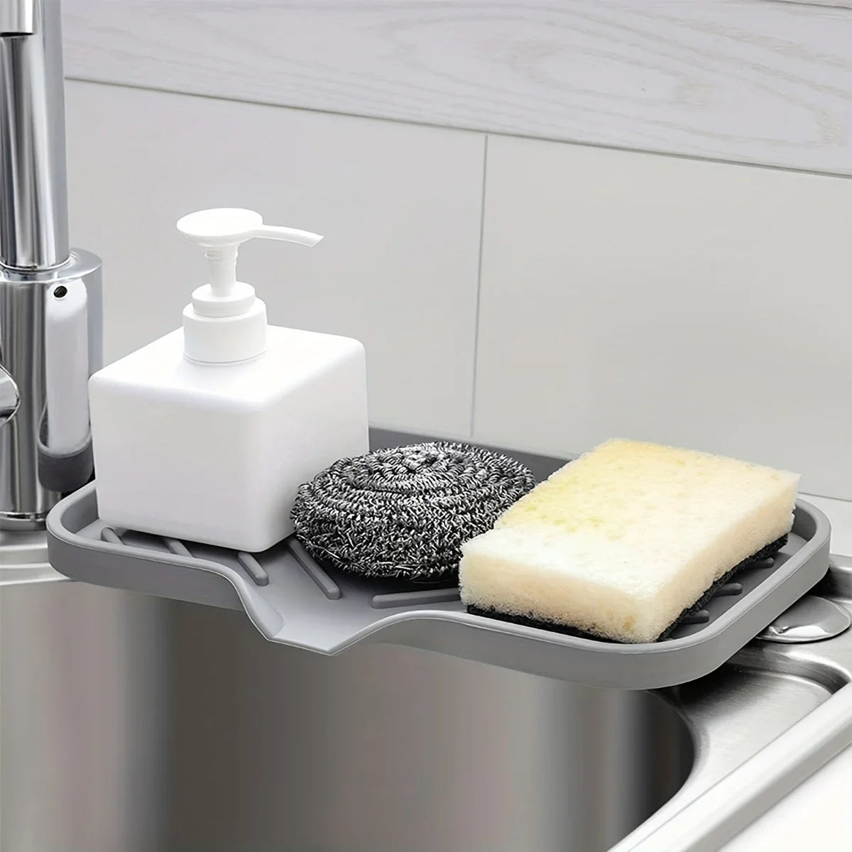 Multifunctional Silicone Sink Tray with Drain - Soap Holder, Sponge & Brush Organizer for Kitchen & Bathroom
