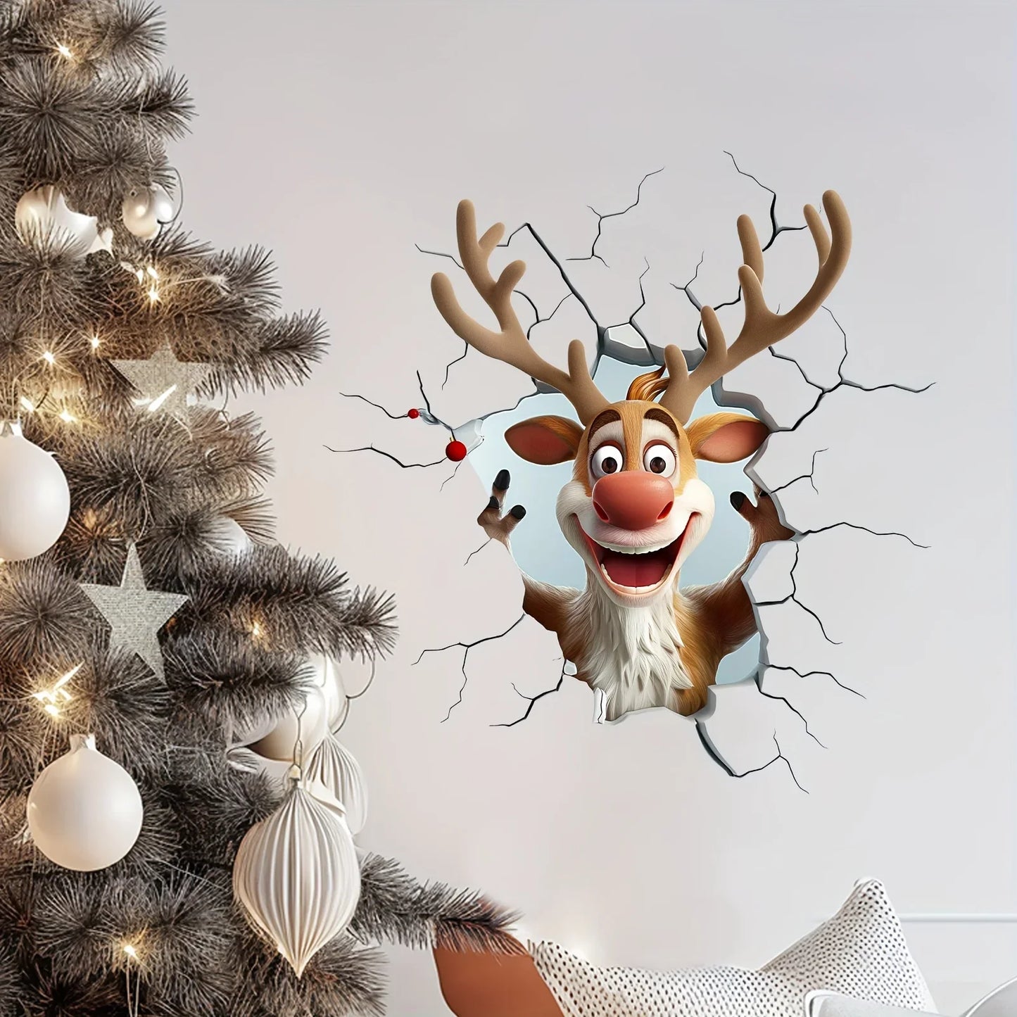 3D Reindeer Break-Through Wall Decal, Vinyl Christmas Wall Stickers, Removable Holiday Decor for Home and Living Spaces
