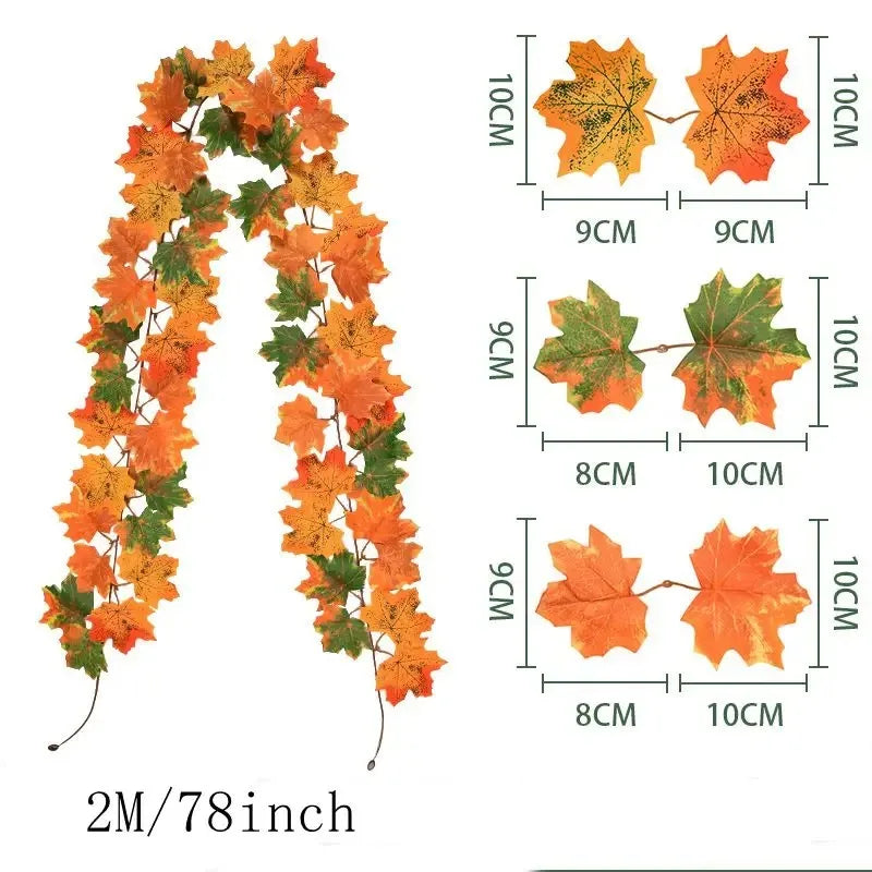 2M Artificial Fall Maple Leaf Garland Fake Plants Autumn Decor Leaves Vine for Thanksgiving Halloween Festivals Wedding Decora