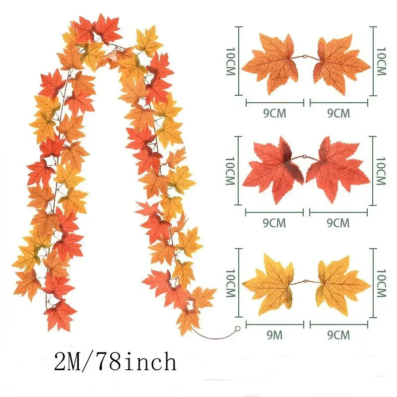 2M Artificial Fall Maple Leaf Garland Fake Plants Autumn Decor Leaves Vine for Thanksgiving Halloween Festivals Wedding Decora
