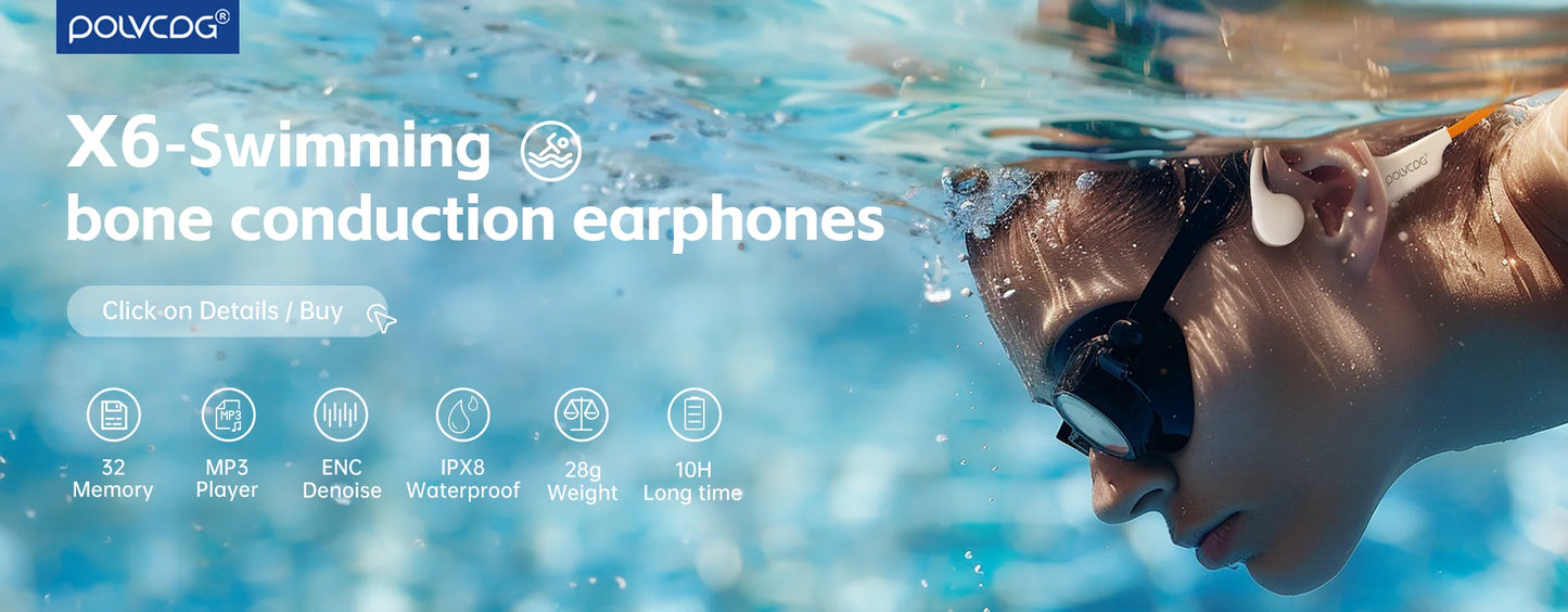 POLVCDG bone conduction swimming earphones IPX8 waterproof 32GB memory Bluetooth 5.4 silicone material 2025 new product x16