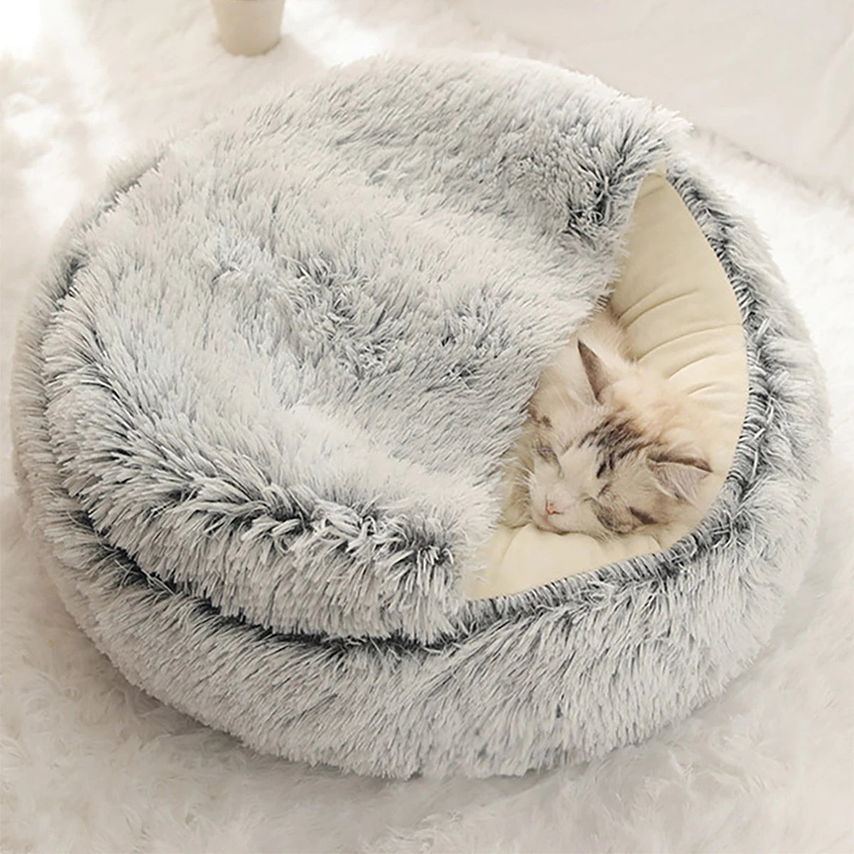 Plush Hooded Pet Bed Round Fluffy Soft Cat Bed Pet Cushion Warm Cat Dog 2 in 1 Sleeping Nest Cave for Small Dogs