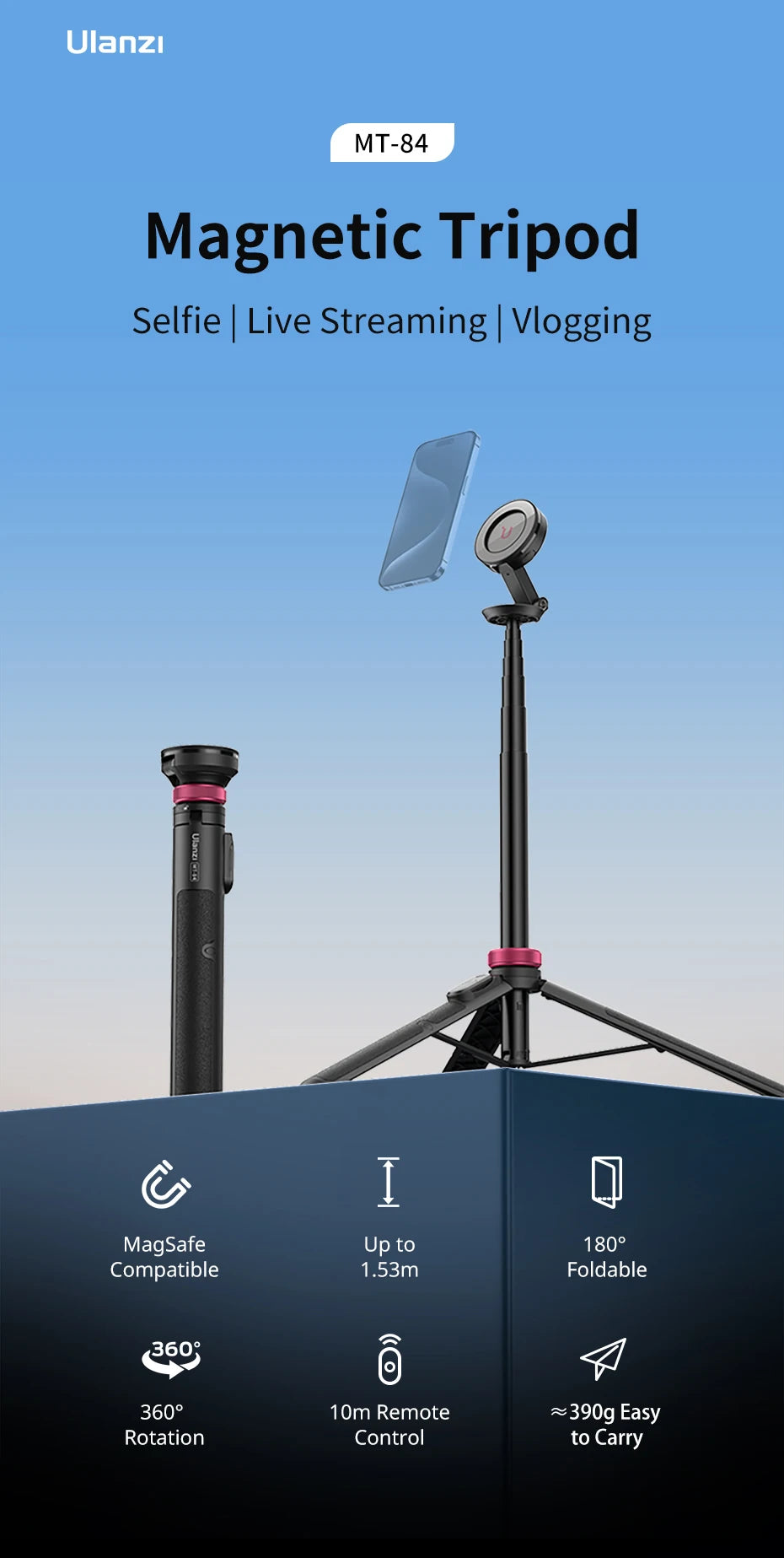 MagSafe Selfie Stick Tripod (1.53M) w/ Bluetooth Remote
