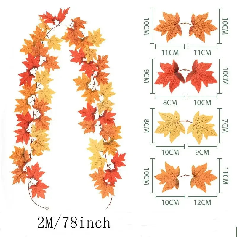 2M Artificial Fall Maple Leaf Garland Fake Plants Autumn Decor Leaves Vine for Thanksgiving Halloween Festivals Wedding Decora