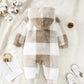 Baby Boys and Girls Plaid Romper Hooded Long Sleeved Plush Jumpsuit Winter Warm Bodysuit Clothes for 3-24 Months Toddler Boy