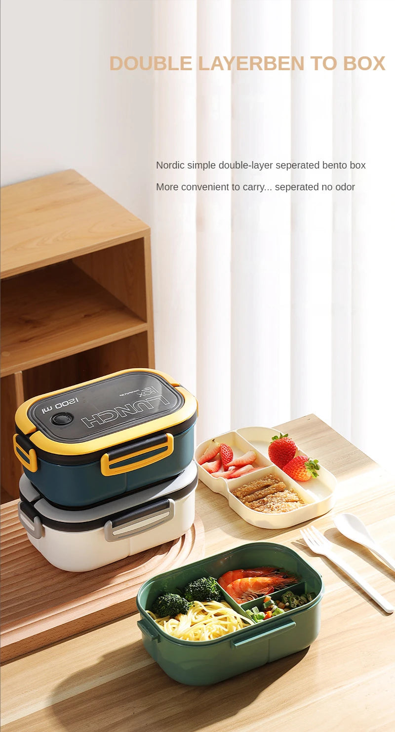 1200ML 2-Layer Bento Lunch Box (Leakproof) – Spoon & Fork Included