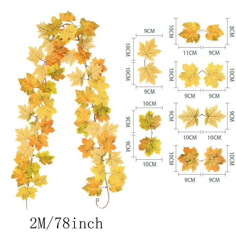 2M Artificial Fall Maple Leaf Garland Fake Plants Autumn Decor Leaves Vine for Thanksgiving Halloween Festivals Wedding Decora