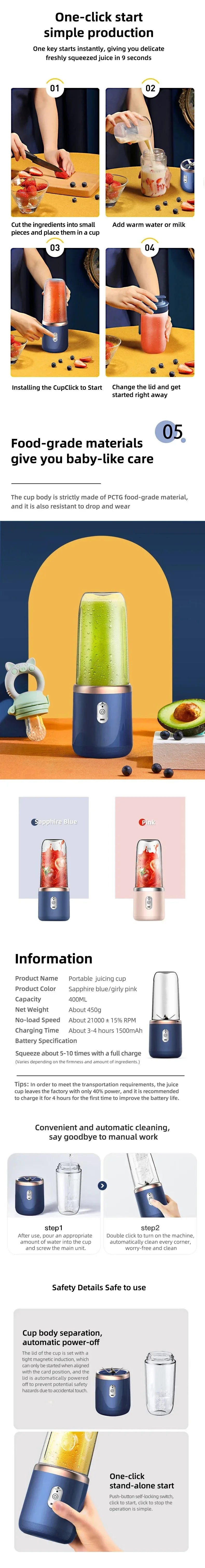 400ml Portable USB Blender – Electric Travel Juicer for Smoothies & Milkshake